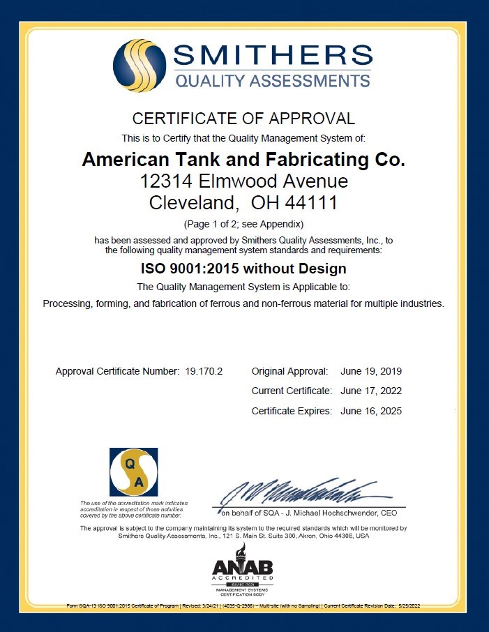 Custom Metal Fabricator AT&F Achieves ISO 9001:2015 Certification